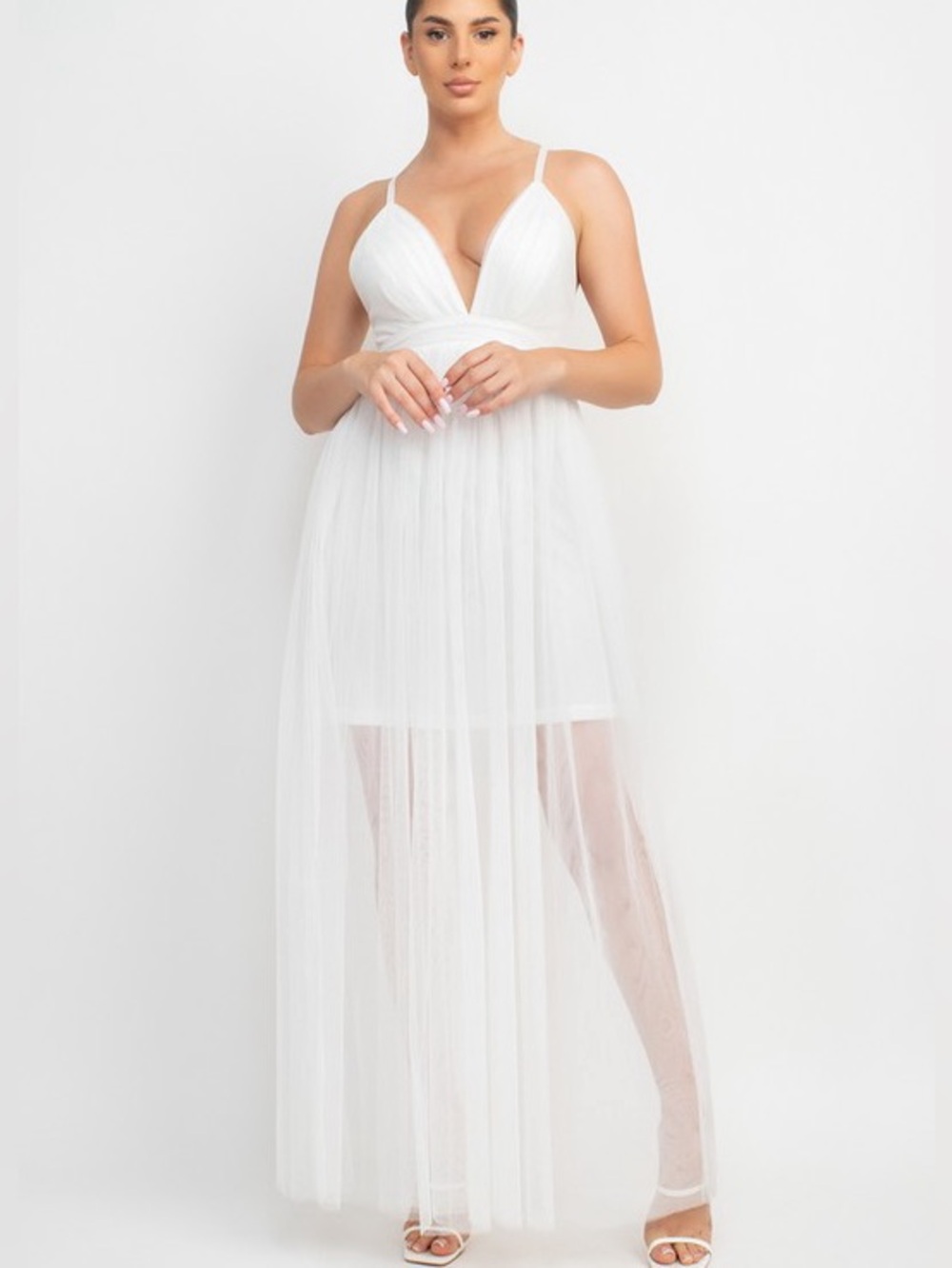 White Tulle Maxi Overlay Dress - Elegant Spaghetti Strap Design